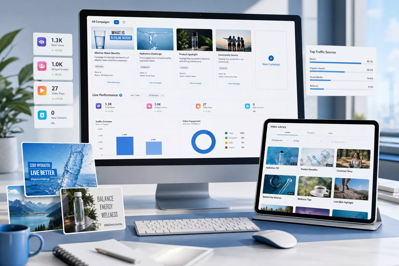 Daily marketing tools shown across desktop and tablet screens