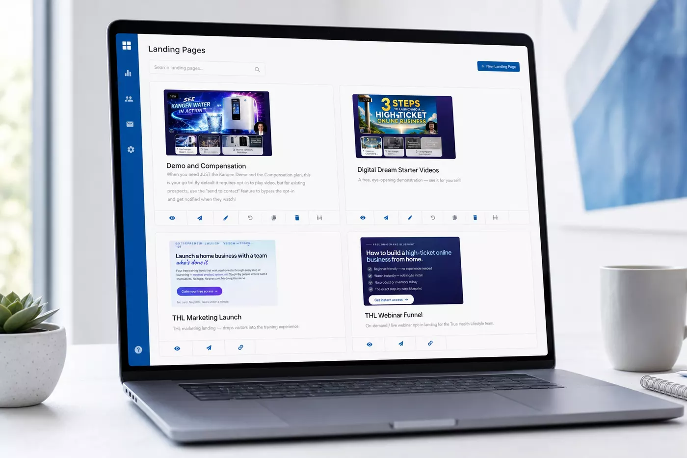 Landing Pages manager shown on a laptop with lead-capture page cards