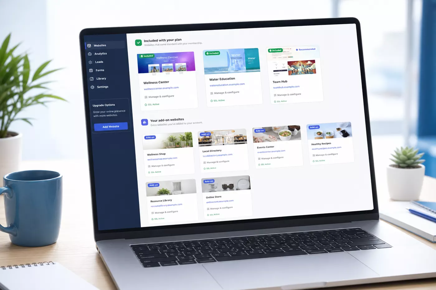 Generated Website Manager visual showing included and add-on marketing websites
