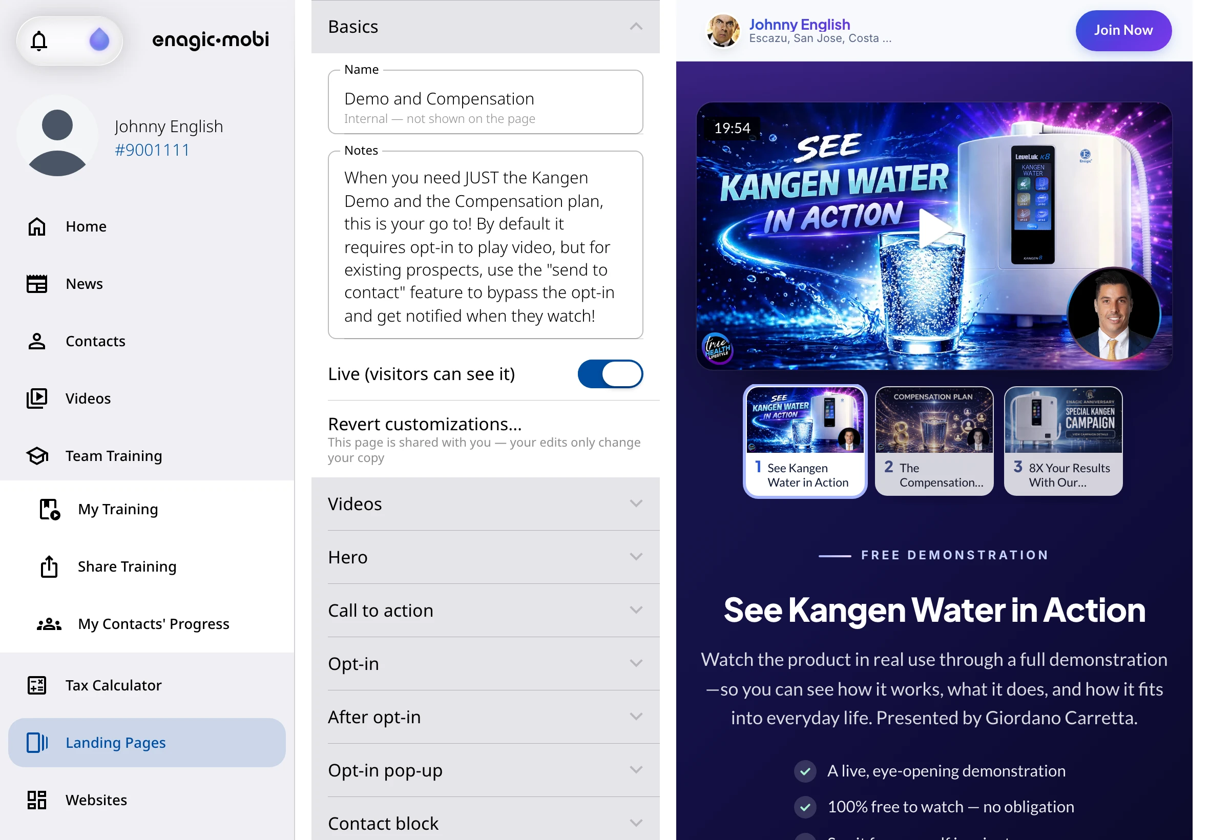 Landing Pages editor with live preview