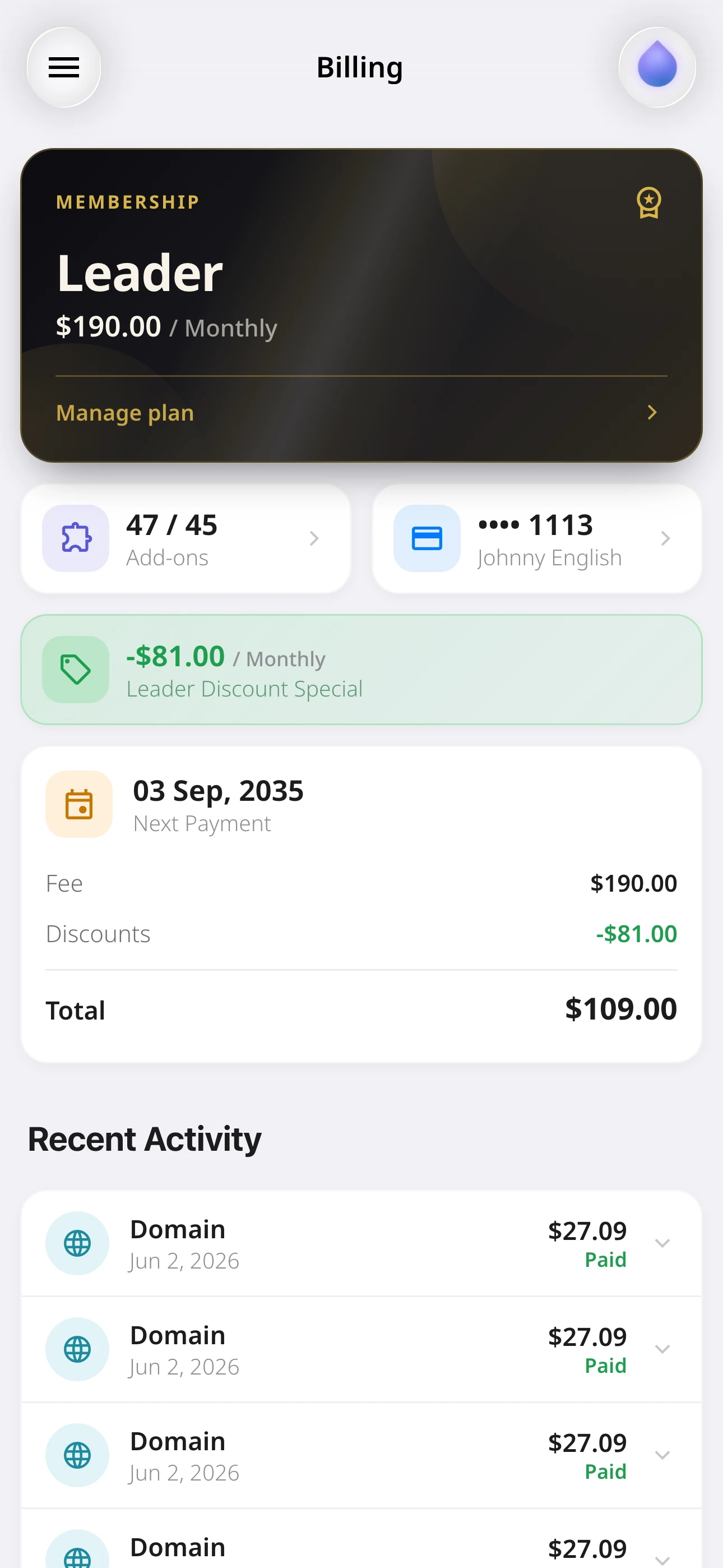 Membership and billing screen in light mode