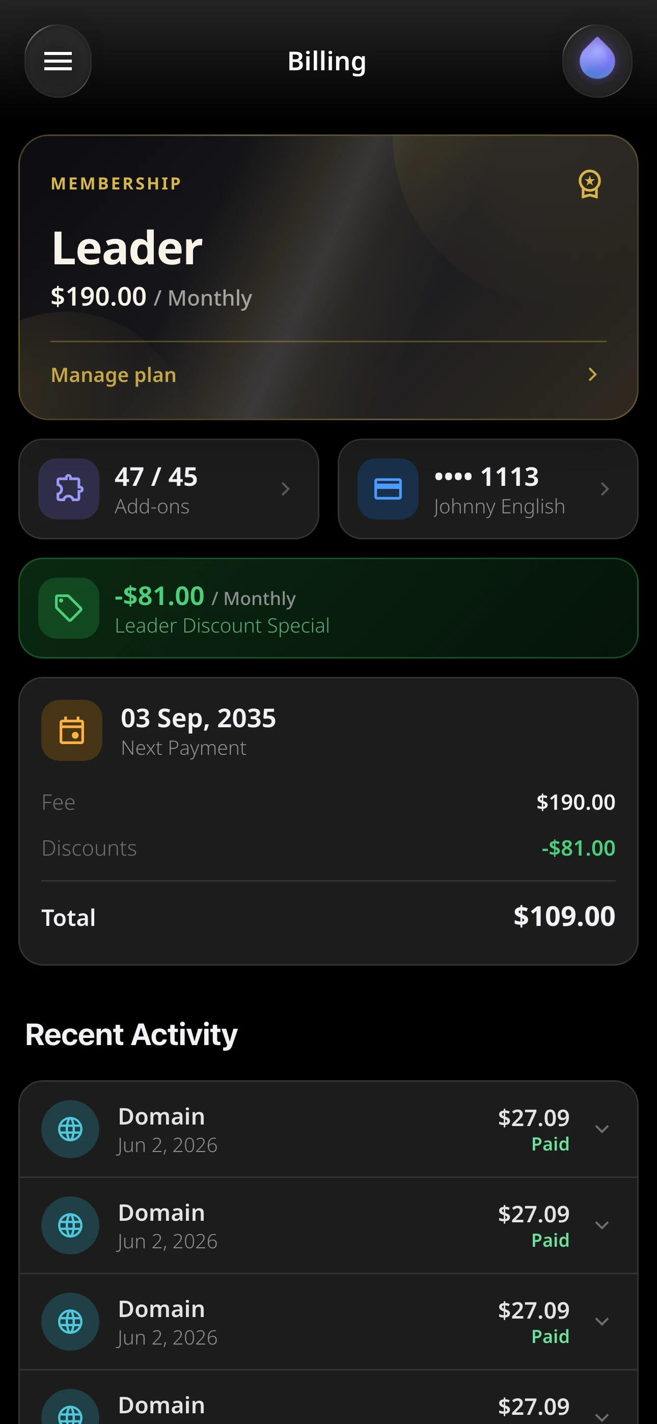 Membership and billing screen in dark mode