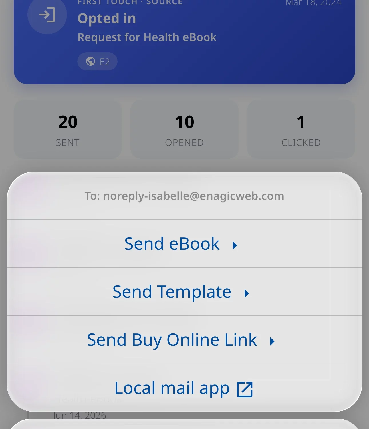 Contact email menu with Send Buy Online Link option